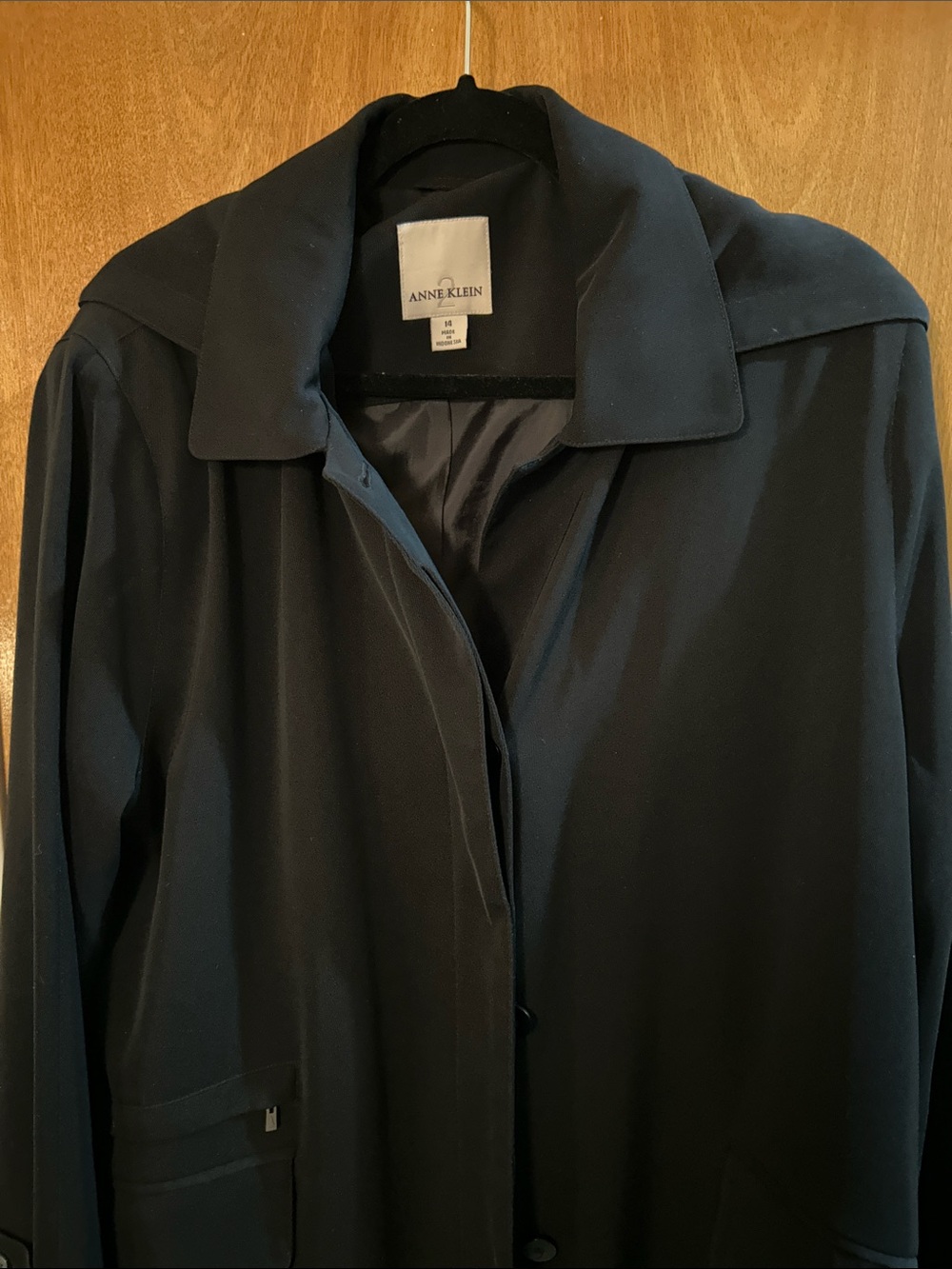 Anne Klein Black Trench Coat with detachable hood. Like new. 14